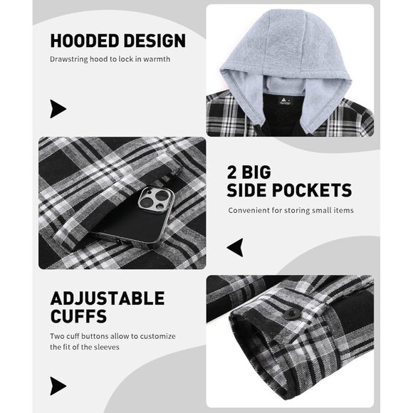 Men's Hooded White Black Sherpa Line Plaid Flannel Jacket Warm Winter Coat. - Picture 3 of 6